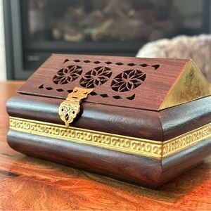 Vintage wooden and brass hand carved handmade jewelry box